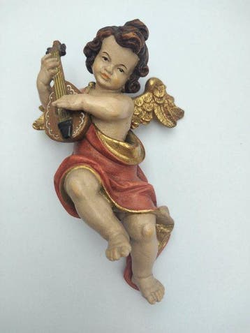 Snijwerk, Holzfigur - farbiger Engel mit Mandoline -