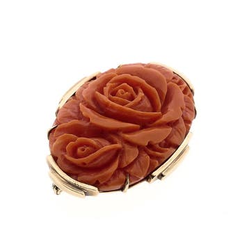 Gouden broche met camee; bloedkoraal, Sieraden, Tassen en Uiterlijk, Broches, Gebruikt, Ophalen of Verzenden, Met edelsteen, Goud