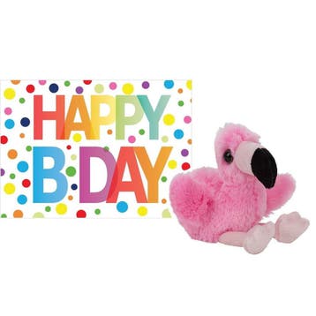 Pluche flamingo knuffel - 13 cm - met Happy Birthday kaart, Verzenden, Nieuw