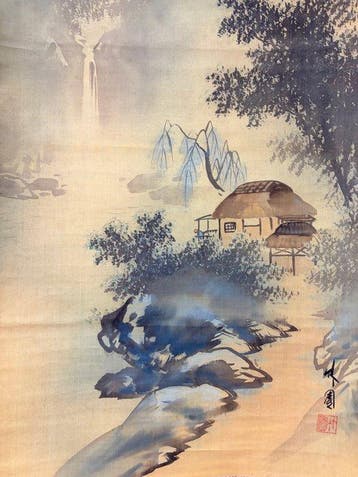 Japanse inktlandschap – hangende rol – Mistige bergen, bos,