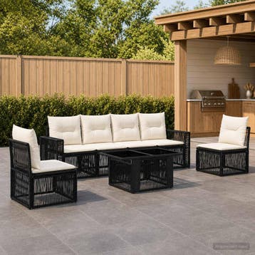 vidaXL Tuinbankenset 7 st Zwart en Cream Wit poly rattan, Verzenden, Nieuw