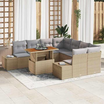vidaXL Tuin Sofa Set 9 st Beige Poly riet, Verzenden, Nieuw, Rotan, Meer dan 8 zitplaatsen