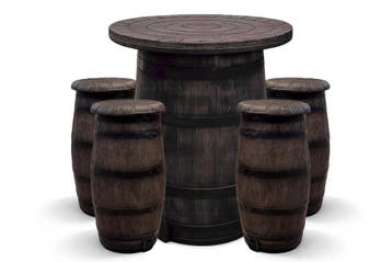 Barrel-set – 1 wijnvat-statafel + 4 barkrukken | Houtlook, Ophalen of Verzenden, Nieuw, Kunststof