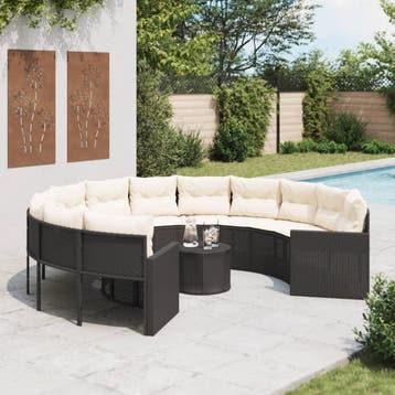 vidaXL Tuinbank met tafel en kussens rond poly rattan zwart, Tuin en Terras, Verzenden, Nieuw
