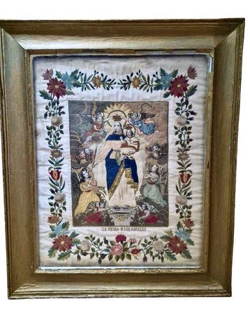 Grote ingelijste religieuze borduurkunst - La Reina de los