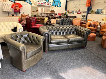 Chesterfield Maarssen ! Groen Leren Chesterfield Bank + Club, Ophalen, Gebruikt, Leer, Chesterfield