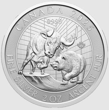 Canadian Bull and Bear 2 oz 2025, Verzenden, Noord-Amerika, Losse munt, Zilver