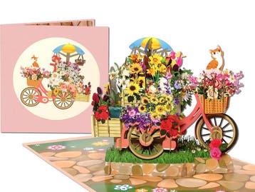 Wauw! Vrolijke fiets vol bloemen, met hond en poes pop-up..., Verzenden, Nieuw