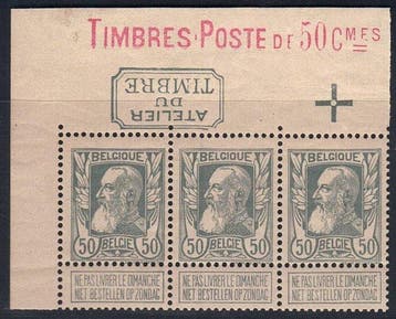 België 1905 - 50ct Grove Baard in strook van 3 met hoekstuk, Gestempeld