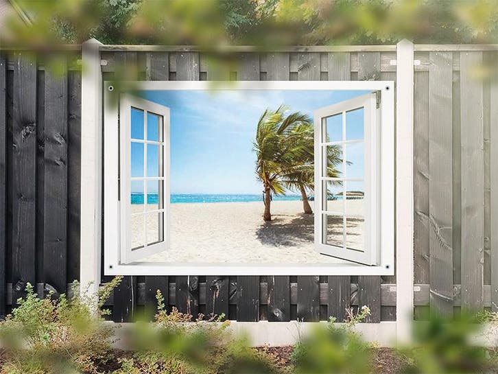 NR 1323: Tuinposter doorkijkje strand palmbomen 120x180cm, Tuin en Terras, Tuinwanddecoratie, Nieuw