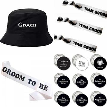 Groom to Be set Tuxedo met sjerp en buttons 14-delig, Verzenden, Zwart, Nieuw, Accessoires