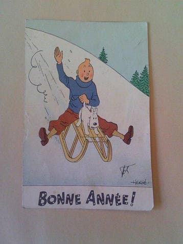 Kuifje - 1 Sneeuwkaart Kuifje op slede . - 1942, Nieuw