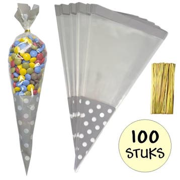 Fako Bijoux - 100x Cellofaan Puntzakken Grijze Stippen, Diversen, Verzenden, Nieuw
