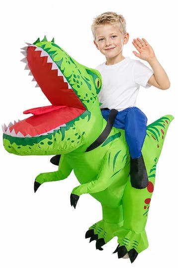 KIMU® Opblaas Kostuum Kinderen Rijdend op Velociraptor Groen, Ophalen of Verzenden, Nieuw