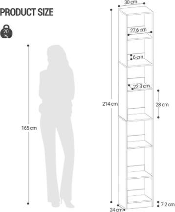 Boekenkast - Boekenrek - Wandkast - 214x30x24 cm - Wit - Hzu, Verzenden, Zo goed als nieuw