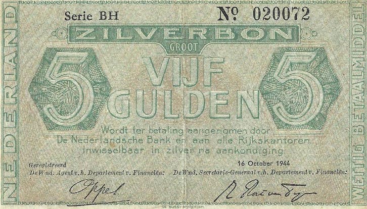Bankbiljet zilverbon 5 gulden 1944, Postzegels en Munten, Bankbiljetten | Nederland, Verzenden
