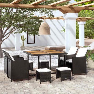 vidaXL 9-delige Tuinset poly rattan en acaciahout zwart, Verzenden, Nieuw, 8 zitplaatsen, Tuinset