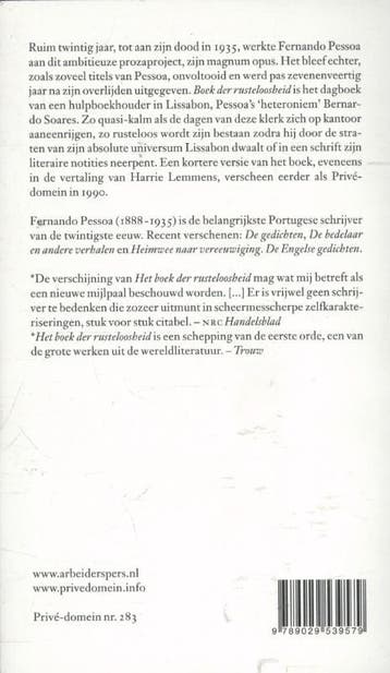 Boek der rusteloosheid / Privé-domein / 283 9789029539579, Boeken, Verzenden, Zo goed als nieuw, Fernando Pessoa