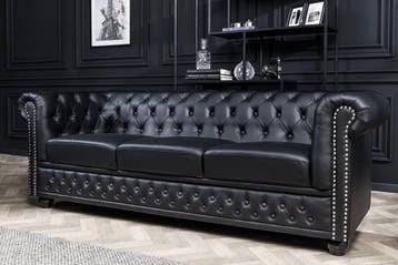 Chesterfield 3-zitsbank 205cm zwart kunstleer klinknagels, Ophalen of Verzenden, Nieuw
