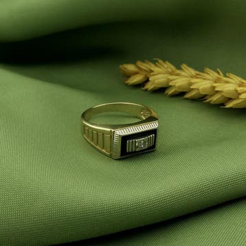 Bicolor gouden ring met onyx en zirconia, Gebruikt, 20 of groter, Heer, Ophalen of Verzenden