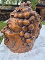 Beeldje, Ancienne Tête Sculpte En Bois Bacchus Vin Pot À