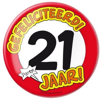 Button xl gefeliciteerd 21 jaar, Hobby en Vrije tijd, Feestartikelen, Verzenden, Nieuw, Feestartikel, Verjaardag