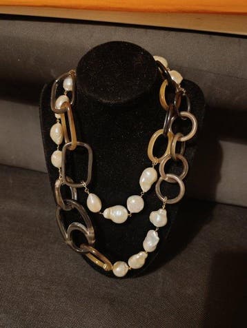 Zilver, Hoorn en Tahitiaanse parels - Ketting met hanger