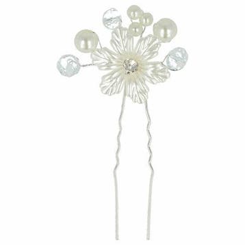 Haarspeld Haarpin 8cm - Bloem Parels Facetkralen - Wit, Nieuw
