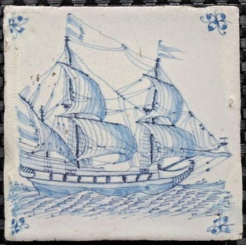 Tegel - Antieke Delftsblauwe tegel met driemaster. -