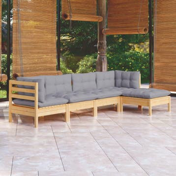 vidaXL 5-delige Loungeset met grijze kussens grenenhout, Verzenden, Nieuw, 5 zitplaatsen, Loungeset