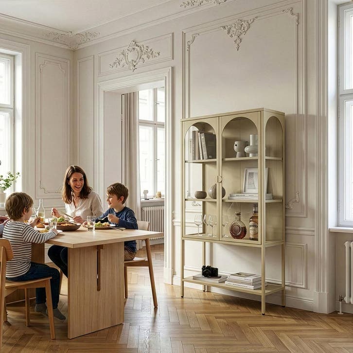 Vitrinekast Klippestad 160x80x35 cm camel [en.casa], Huis en Inrichting, Kasten | Vitrinekasten, Verzenden