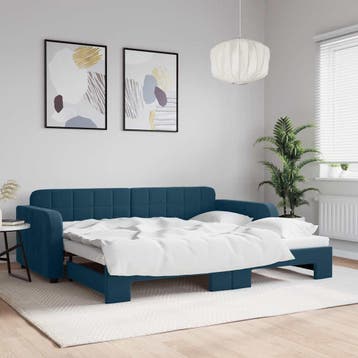 vidaXL Slaapbank met onderschuifbed 90x200 cm fluweel blauw, 90 cm, Eenpersoons, Nieuw, 200 cm