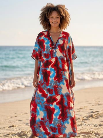 Boho rayon kaftan jurk - Rood Blauw Sunset Tide, Ophalen of Verzenden, Nieuw