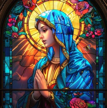 CREATIVE_HUB - Blue Madonna with red roses praying