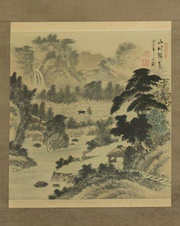 Berglandschap met boer en os - Papier - China - van de