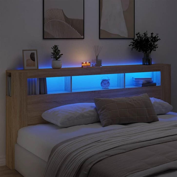 vidaXL Hoofdbord met LED 220x18,5x103,5 cm bewerkt hout, Huis en Inrichting, Slaapkamer | Bedden, Bruin, Nieuw, Hout, Verzenden
