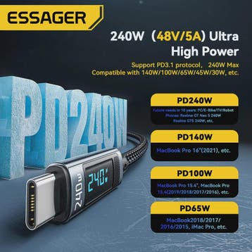 Essager 240W USB-C naar USB-C Kabel met Digitaal Display - P, Verzenden, Nieuw