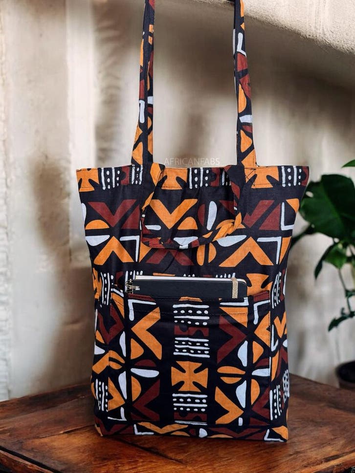 Shopper tas met Afrikaanse print - Bruine Cross Bogolan - He, Sieraden, Tassen en Uiterlijk, Tassen | Damestassen, Nieuw, Ophalen of Verzenden