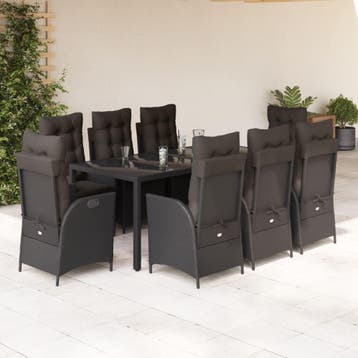 vidaXL 9-delige Tuinset poly rattan zwart, Verzenden, Nieuw, 8 zitplaatsen, Tuinset