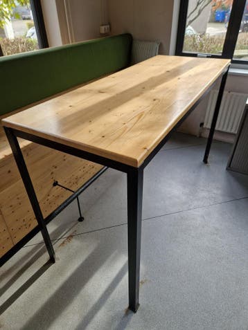 Hoge tafel 180x70x110 cm, massief houten blad, stalen, Ophalen of Verzenden, Gebruikt