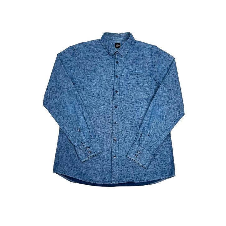 Vintage Hugo Boss blauw geprint overhemd maat M, Kleding | Heren, Overhemden, Blauw, Zo goed als nieuw, Overige halswijdtes, Ophalen of Verzenden