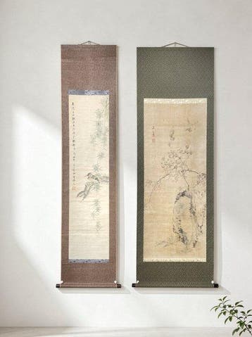 Set van 2 Japanse literati vogel- en bloemhangende rollen: