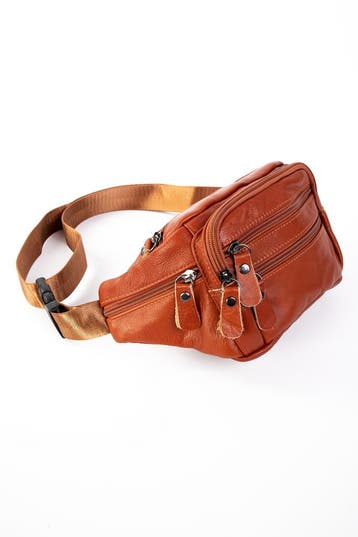 KIMU® Heuptasje Echt Leer Vakjes Roodbruin Fanny Pack Cognac, Sieraden, Tassen en Uiterlijk, Tassen | Damestassen, Ophalen of Verzenden