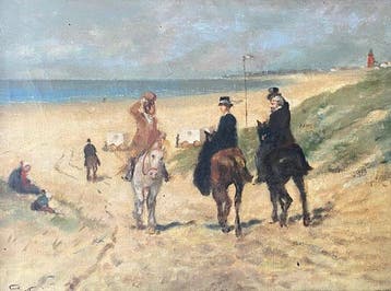 A. Gior (XX) - Ruiters op het strand bij Scheveningen