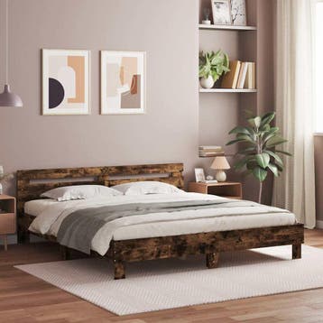 vidaXL Bedframe met hoofdeinde en LED gerookt eikenkleurig, Eenpersoons, Bruin, Verzenden, Nieuw