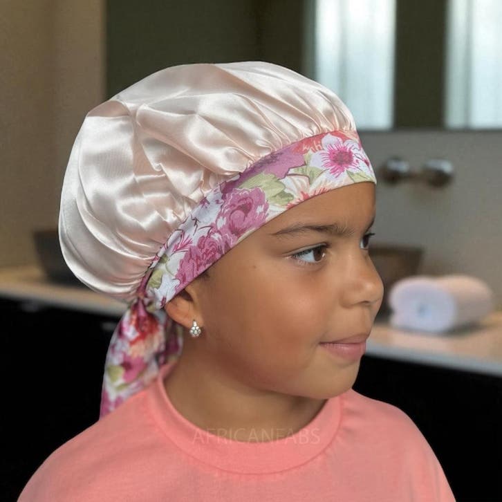 Bloem Satijnen slaapmuts met bandjes (kinderen / kindermaat, Sieraden, Tassen en Uiterlijk, Uiterlijk | Haarverzorging, Nieuw