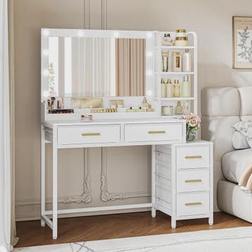 Kaptafel Wit met Groot Spiegel, 5 Lades & Open Vakken, Verst, Verzenden, Nieuw