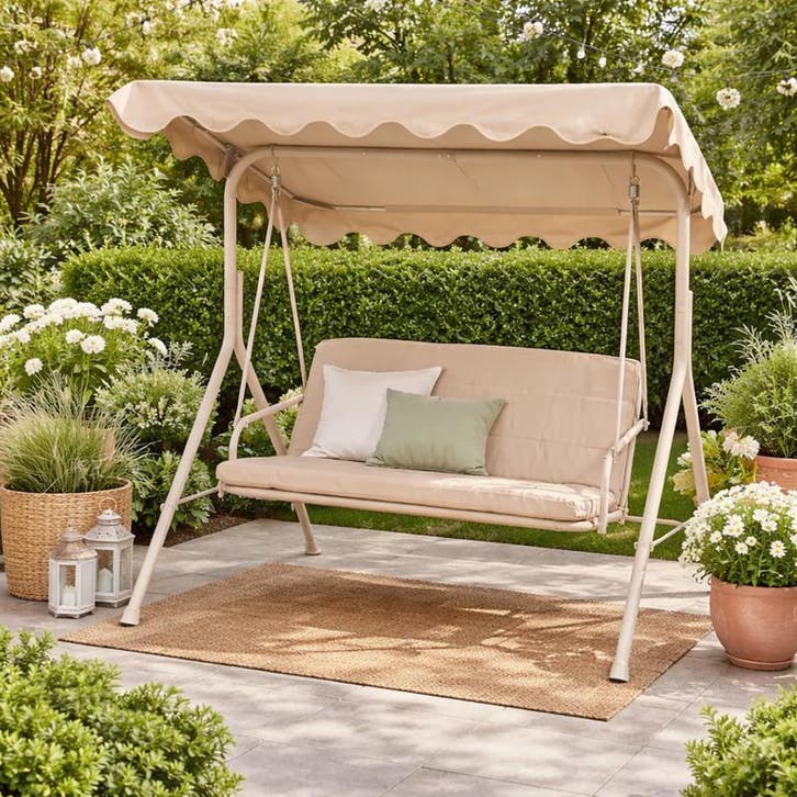 Schommelbank met zonnescherm – crème - 158 x 113 x 151 cm |, Tuin en Terras, Tuinsets en Loungesets, Nieuw, Verzenden