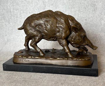 Beeld, Wild Zwijn - 14 cm - Brons, Marmer