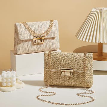 Stijlvolle Strooien Crossbody Tas met Gouden Kettingband - P, Verzenden, Nieuw